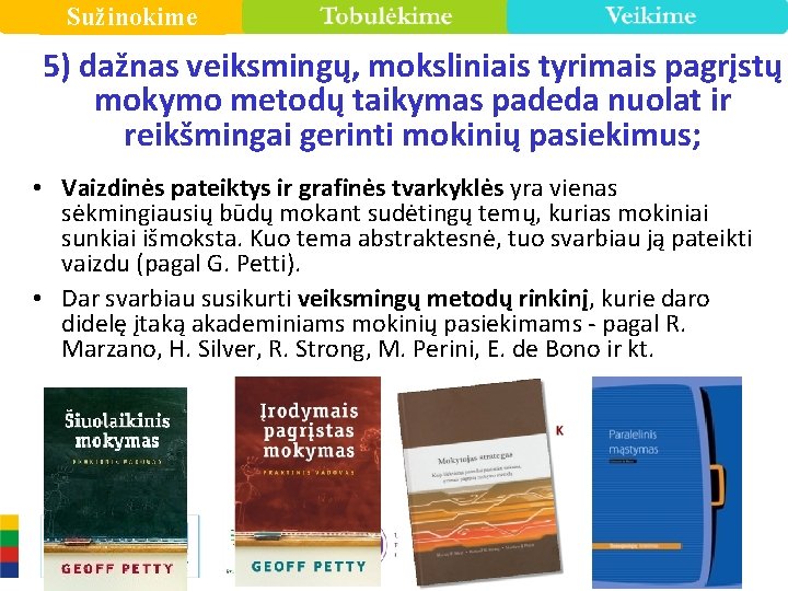 Sužinokime 5) dažnas veiksmingų, moksliniais tyrimais pagrįstų mokymo metodų taikymas padeda nuolat ir reikšmingai