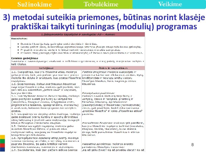 Sužinokime 3) metodai suteikia priemones, būtinas norint klasėje praktiškai taikyti turiningas (modulių) programas 8