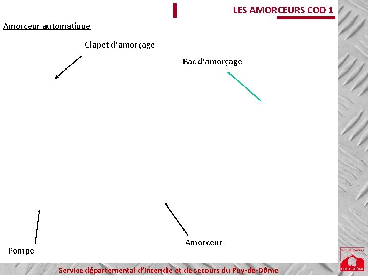 LES AMORCEURS COD 1 Amorceur automatique Clapet d’amorçage Bac d’amorçage Pompe Amorceur Service départemental