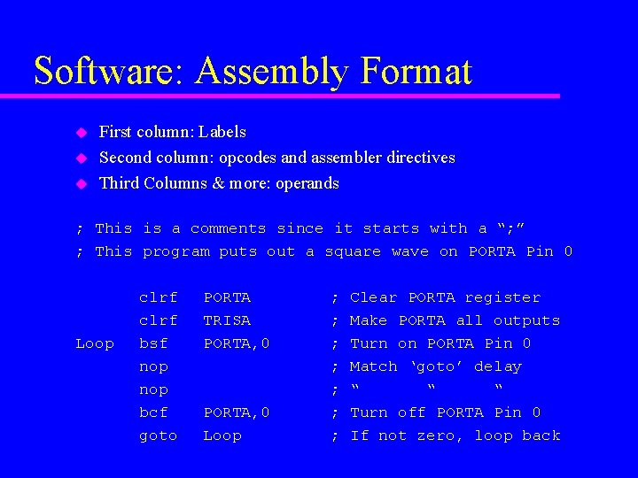 Software: Assembly Format u u u First column: Labels Second column: opcodes and assembler