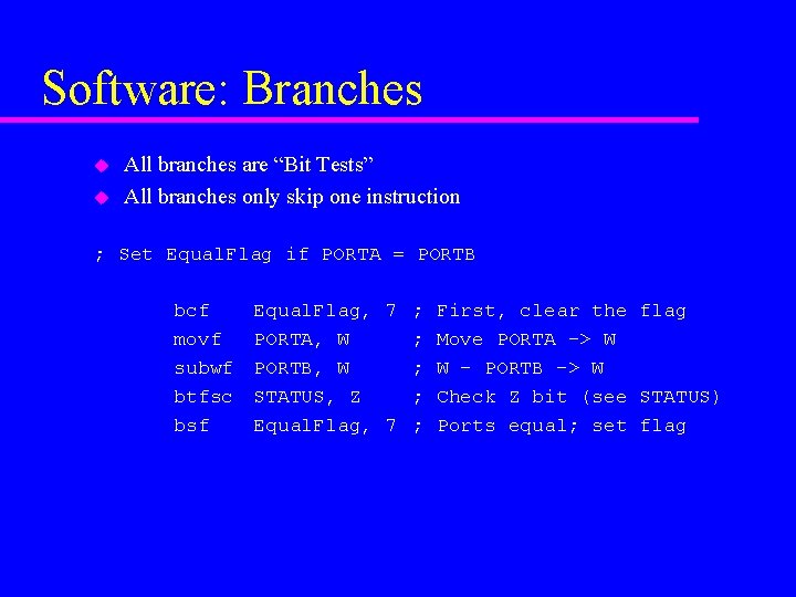 Software: Branches u u All branches are “Bit Tests” All branches only skip one