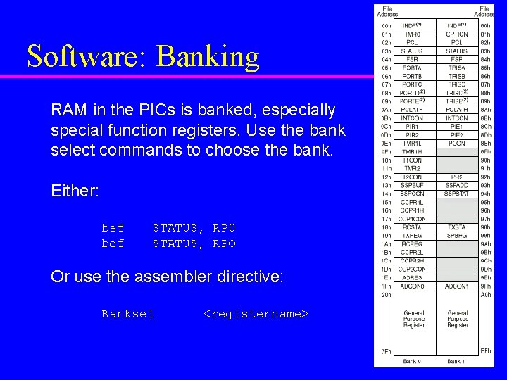 Software: Banking RAM in the PICs is banked, especially special function registers. Use the