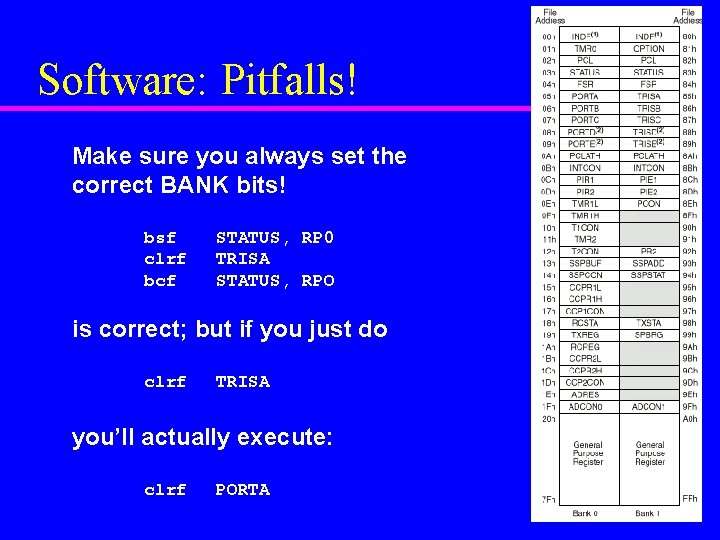 Software: Pitfalls! Make sure you always set the correct BANK bits! bsf clrf bcf