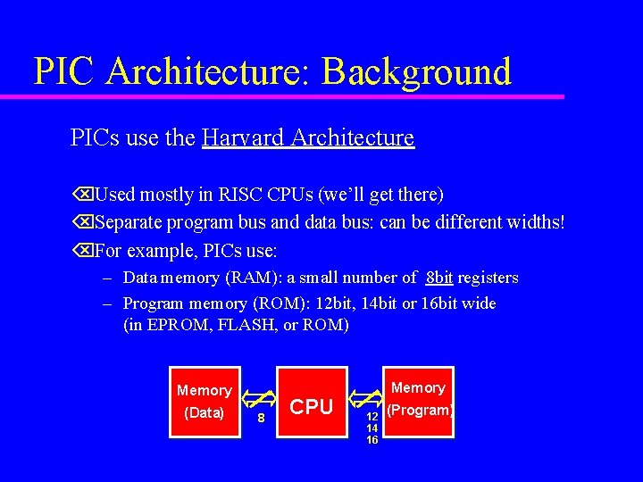 PIC Architecture: Background PICs use the Harvard Architecture ÕUsed mostly in RISC CPUs (we’ll