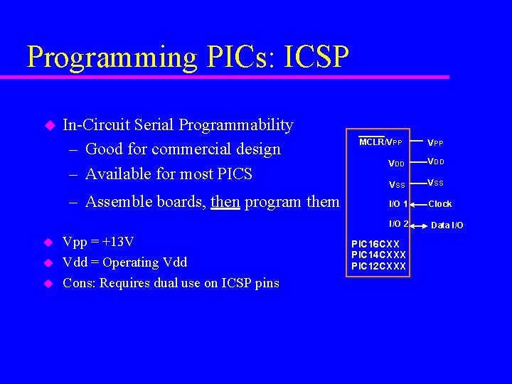 Programming PICs: ICSP u In-Circuit Serial Programmability – Good for commercial design – Available