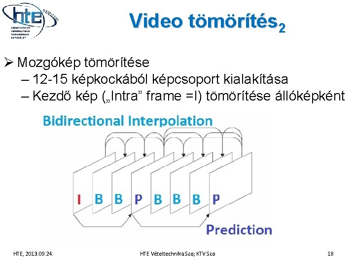 Video tömörítés 2 Ø Mozgókép tömörítése – 12 -15 képkockából képcsoport kialakítása – Kezdő