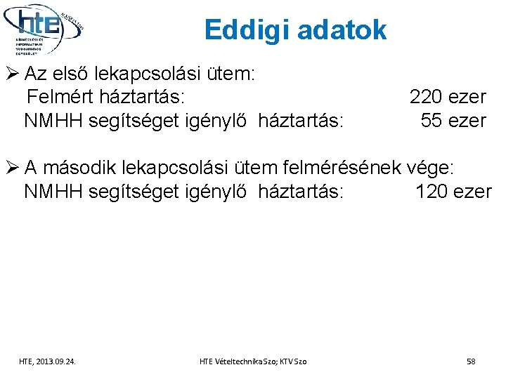 Eddigi adatok Ø Az első lekapcsolási ütem: Felmért háztartás: NMHH segítséget igénylő háztartás: 220