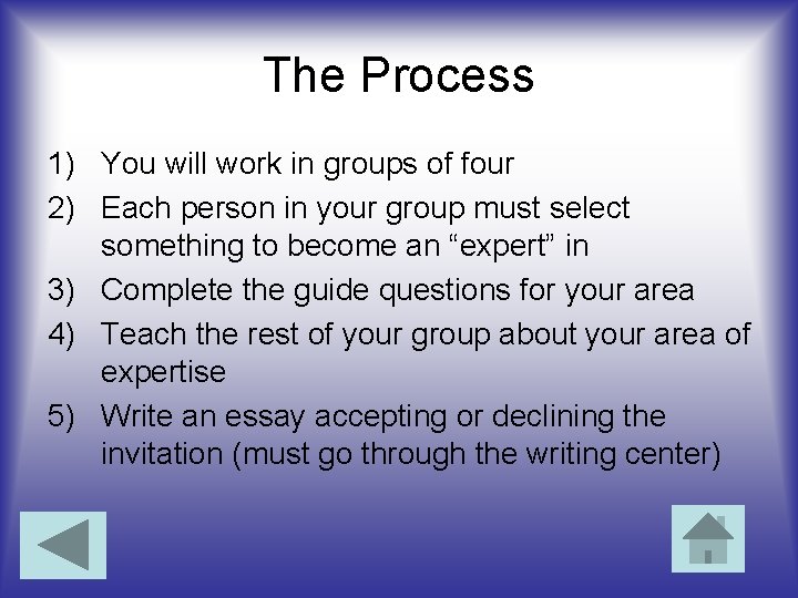 The Process 1) You will work in groups of four 2) Each person in