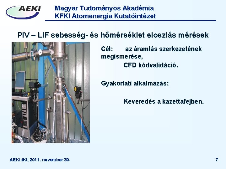 Magyar Tudományos Akadémia KFKI Atomenergia Kutatóintézet PIV – LIF sebesség- és hőmérséklet eloszlás mérések