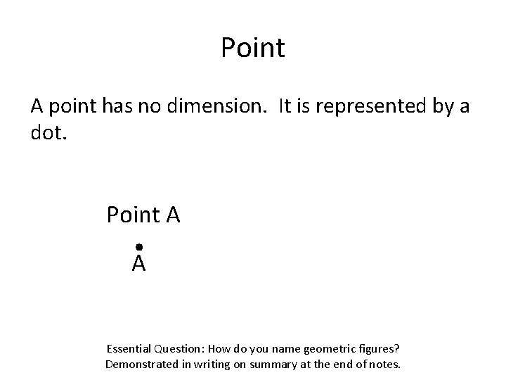 Point A point has no dimension. It is represented by a dot. . A