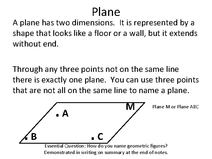 Plane A plane has two dimensions. It is represented by a shape that looks