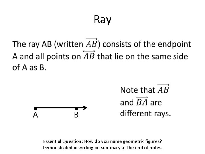 Ray • A B Essential Question: How do you name geometric figures? Demonstrated in