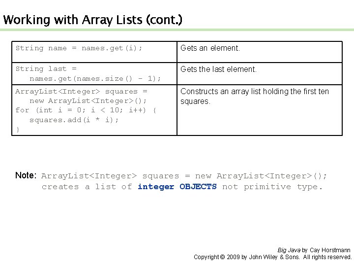 Working with Array Lists (cont. ) String name = names. get(i); Gets an element.