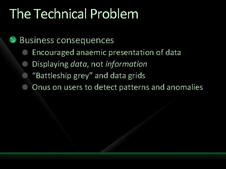 The Technical Problem Business consequences Encouraged anaemic presentation of data Displaying data, not information