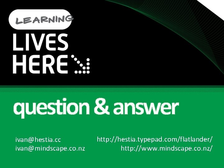 question & answer ivan@hestia. cc ivan@mindscape. co. nz http: //hestia. typepad. com/flatlander/ http: //www.