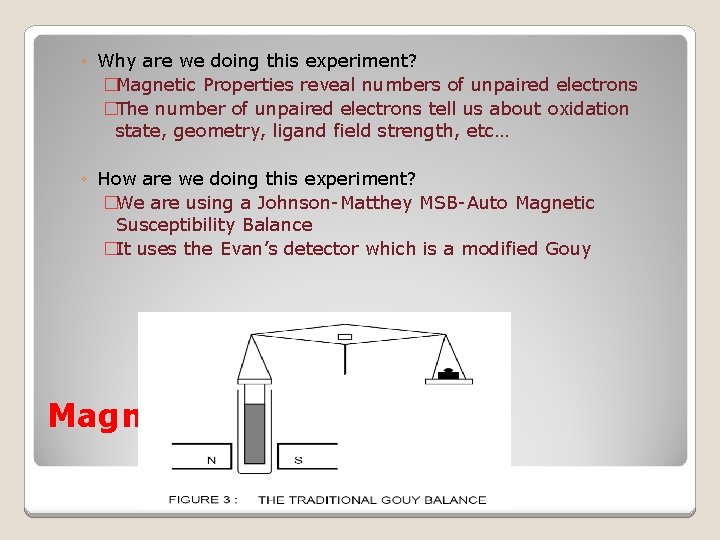 ◦ Why are we doing this experiment? �Magnetic Properties reveal numbers of unpaired electrons