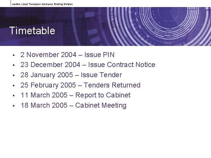 Jardine Lloyd Thompson Insurance Broking Division Timetable § § § 2 November 2004 –