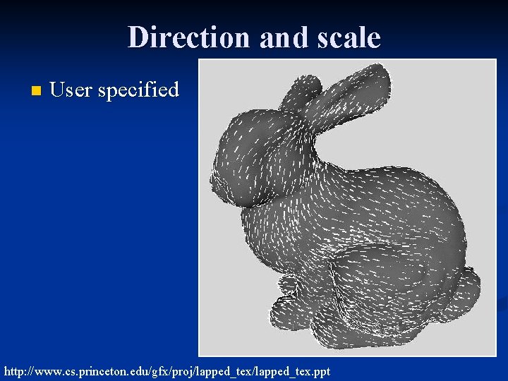 Direction and scale n User specified http: //www. cs. princeton. edu/gfx/proj/lapped_tex. ppt 