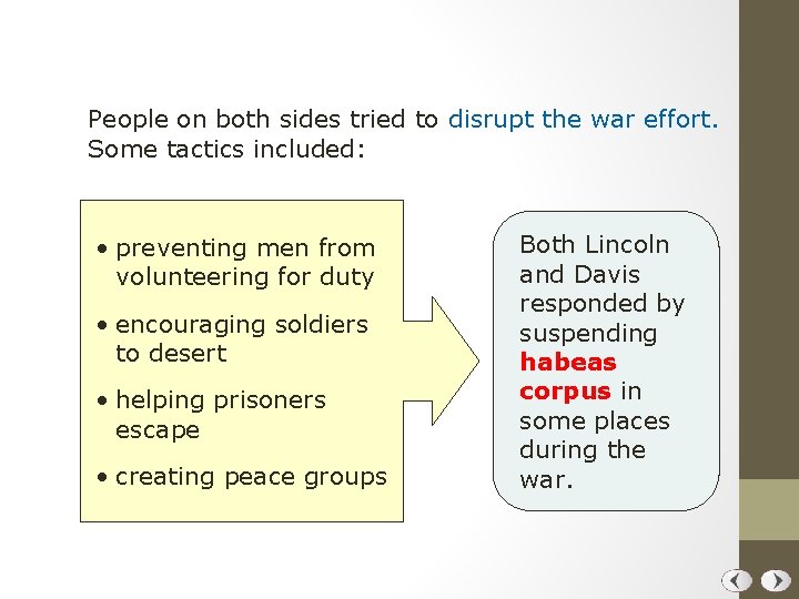 People on both sides tried to disrupt the war effort. Some tactics included: •