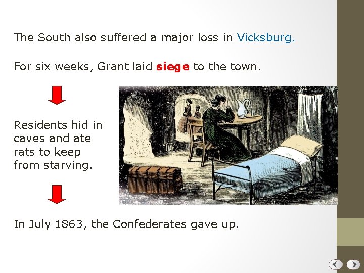 The South also suffered a major loss in Vicksburg. For six weeks, Grant laid