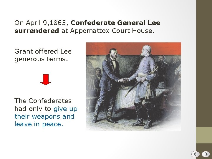 On April 9, 1865, Confederate General Lee surrendered at Appomattox Court House. Grant offered