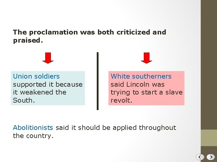 The proclamation was both criticized and praised. Union soldiers supported it because it weakened