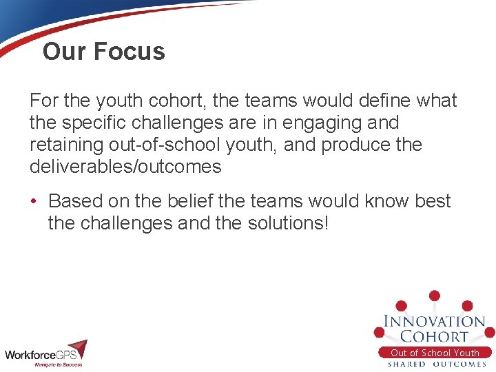 Our Focus For the youth cohort, the teams would define what the specific challenges