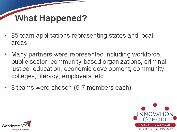 What Happened? • 85 team applications representing states and local areas • Many partners