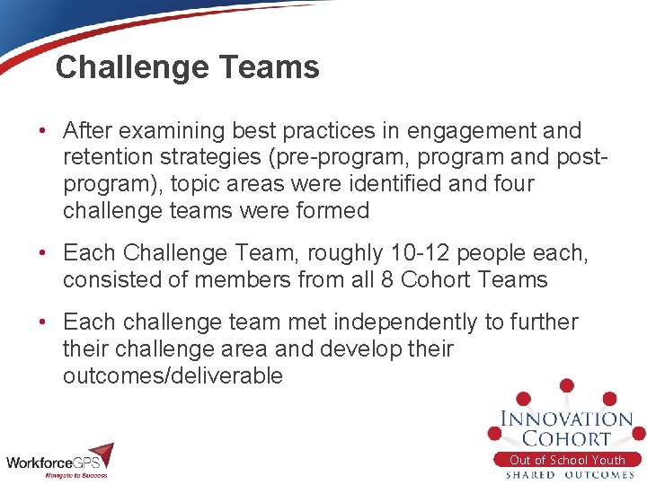 Challenge Teams • After examining best practices in engagement and retention strategies (pre-program, program