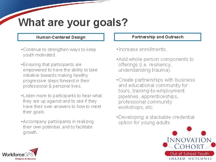 What are your goals? Human-Centered Design • Continue to strengthen ways to keep youth