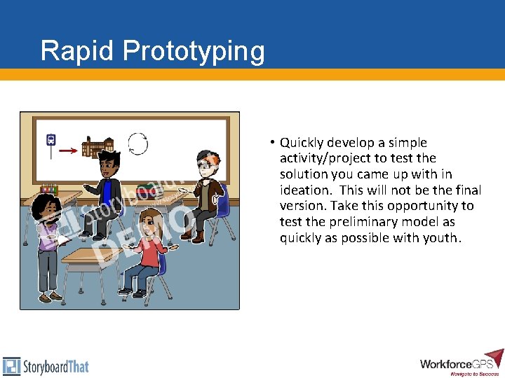 Rapid Prototyping • Quickly develop a simple activity/project to test the solution you came