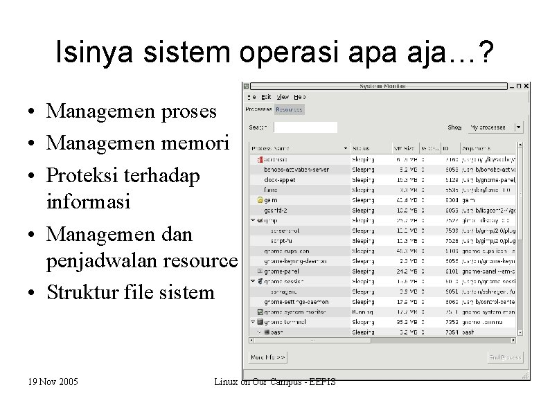 Isinya sistem operasi apa aja…? • Managemen proses • Managemen memori • Proteksi terhadap