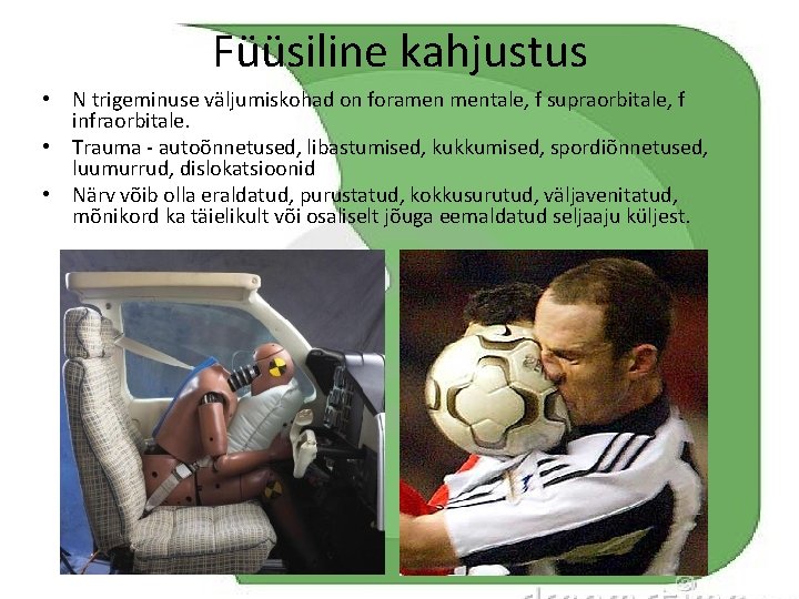 Füüsiline kahjustus • N trigeminuse väljumiskohad on foramen mentale, f supraorbitale, f infraorbitale. •