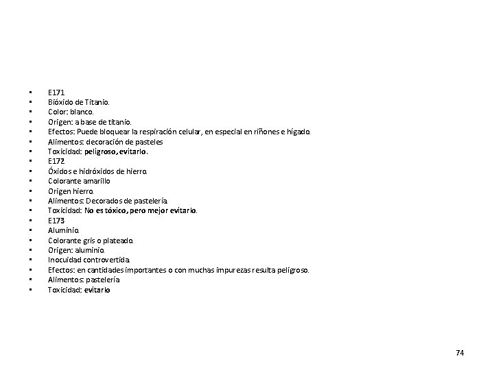  • • • • • • E 171 Bióxido de Titanio. Color: blanco.
