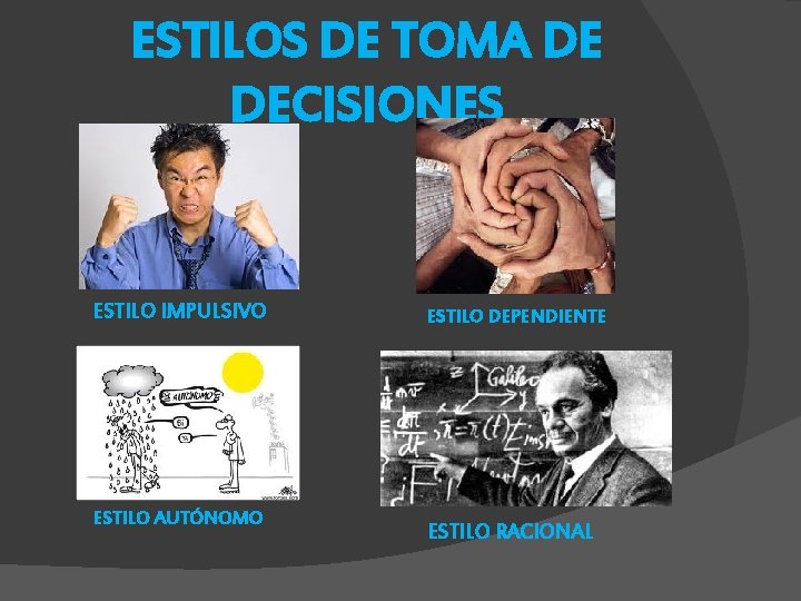 ESTILOS DE TOMA DE DECISIONES ESTILO IMPULSIVO ESTILO AUTÓNOMO ESTILO DEPENDIENTE ESTILO RACIONAL 