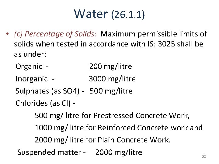 Water (26. 1. 1) • (c) Percentage of Solids: Maximum permissible limits of solids