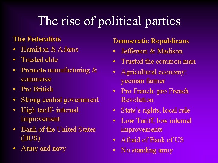 The rise of political parties The Federalists • Hamilton & Adams • Trusted elite