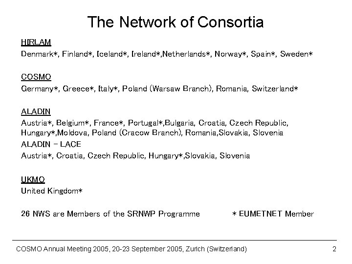 The Network of Consortia HIRLAM Denmark*, Finland*, Iceland*, Ireland*, Netherlands*, Norway*, Spain*, Sweden* COSMO