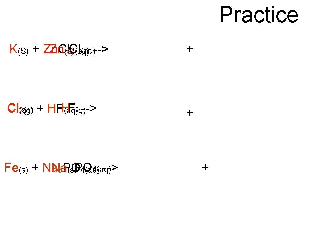 Practice K(S) + Zn. Cl Zn(s)Cl (aq)--> 2(aq) + Cl 2(g) (aq) + HFHF