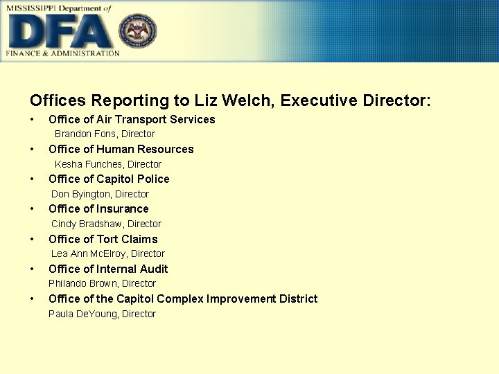 Offices Reporting to Liz Welch, Executive Director: • Office of Air Transport Services Brandon