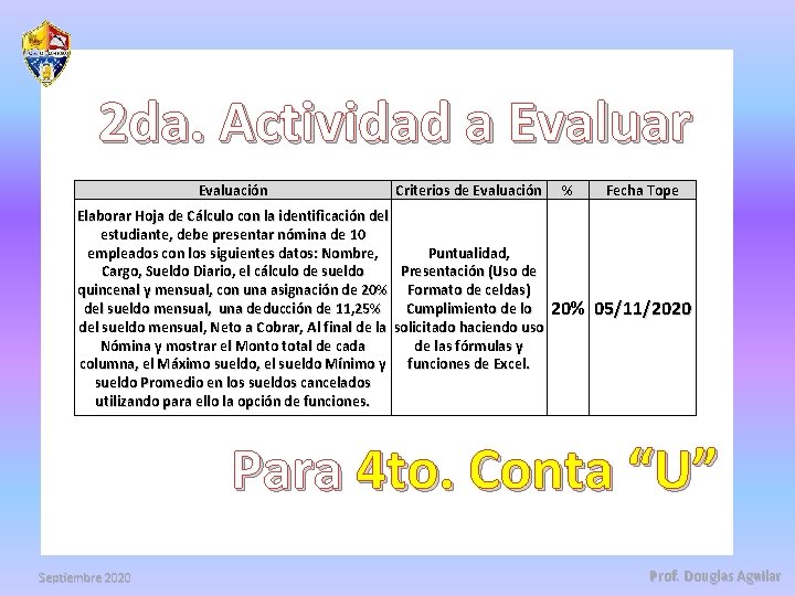 2 da. Actividad a Evaluar Evaluación Criterios de Evaluación Elaborar Hoja de Cálculo con