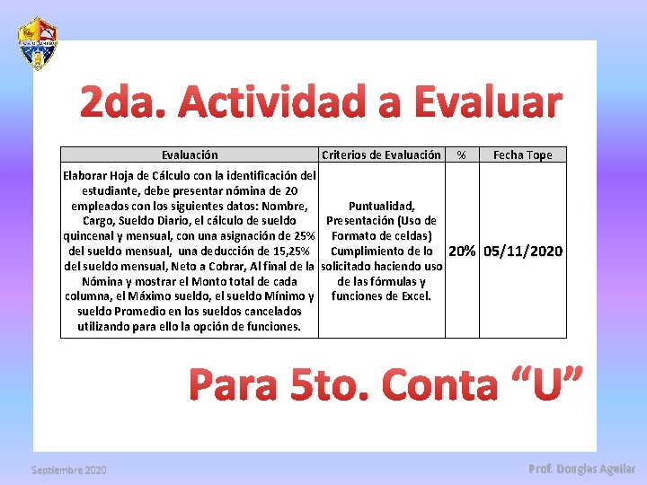 2 da. Actividad a Evaluar Evaluación Criterios de Evaluación Elaborar Hoja de Cálculo con