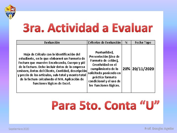 3 ra. Actividad a Evaluar Evaluación Criterios de Evaluación Hoja de Cálculo con la