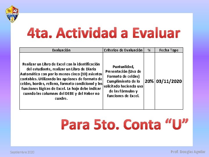 4 ta. Actividad a Evaluar Evaluación Criterios de Evaluación Realizar un Libro de Excel