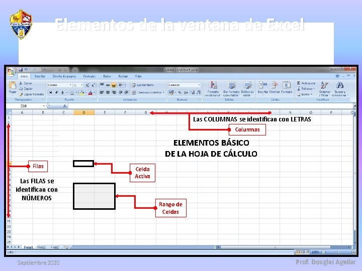 Elementos de la ventana de Excel Las COLUMNAS se identifican con LETRAS Columnas ELEMENTOS