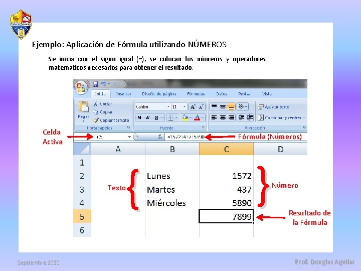 Ejemplo: Aplicación de Fórmula utilizando NÚMEROS Se inicia con el signo igual (=), se