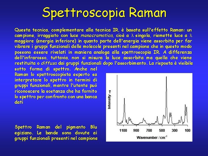 Spettroscopia Raman Questa tecnica, complementare alla tecnica IR, è basata sull'effetto Raman: un campione,