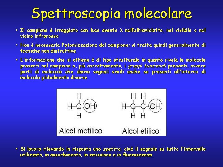 Spettroscopia molecolare • Il campione è irraggiato con luce avente nell’ultravioletto, nel visibile o