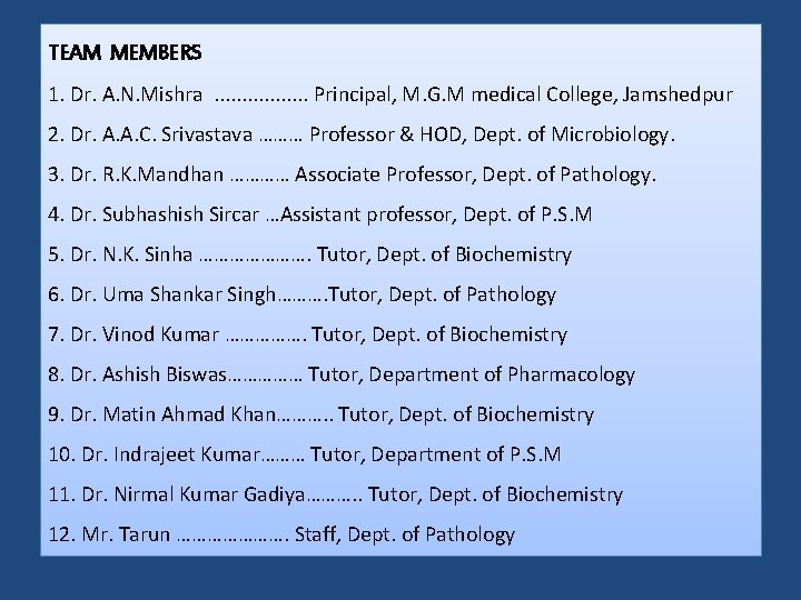 TEAM MEMBERS 1. Dr. A. N. Mishra. . . . Principal, M. G. M