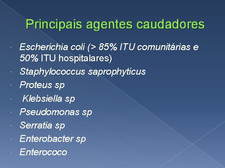 Principais agentes caudadores Escherichia coli (> 85% ITU comunitárias e 50% ITU hospitalares) Staphylococcus